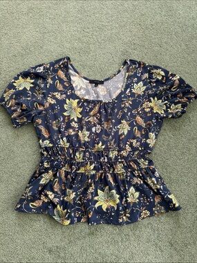 Floral Navy Smocked Waist Peplum Blouse